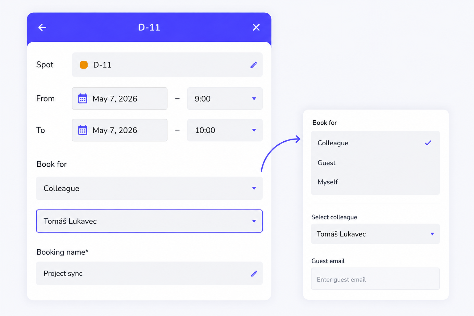 Creating a reservation for a colleague or guest in the Whatspot booking form