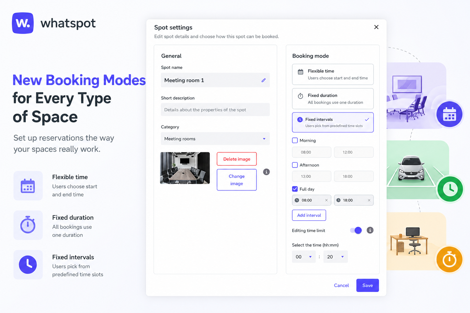 Administration screen showing Booking Modes settings for different spaces in Whatspot, including Flexible Booking, Fixed Duration and Fixed Intervals options with example meeting room, parking spot and shared space reservations.