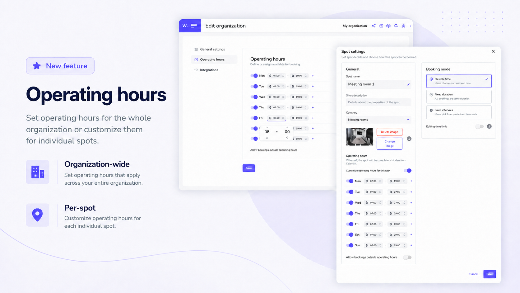 Screenshot of the Operating hours settings in Whatspot. Weekly overview with different hours for individual days, one closed day, and one day with two time intervals. Clean SaaS interface in the Whatspot design.