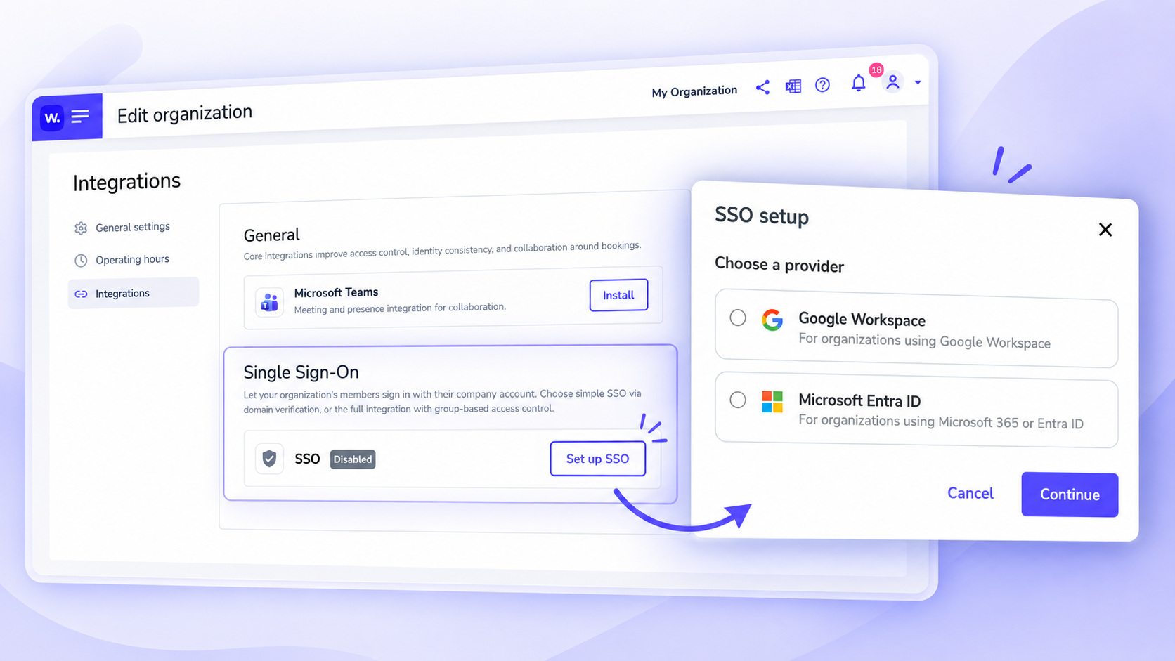 Whatspot login screen with sign-in options for Microsoft and Google, alongside a simple visualization of Whatspot connected to Microsoft Entra ID and Google Workspace.