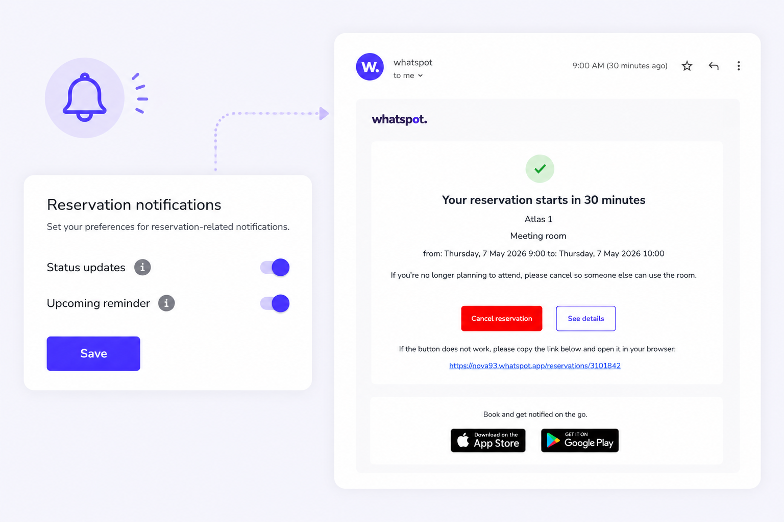 Reservation reminder settings with upcoming reservation email notification in Whatspot